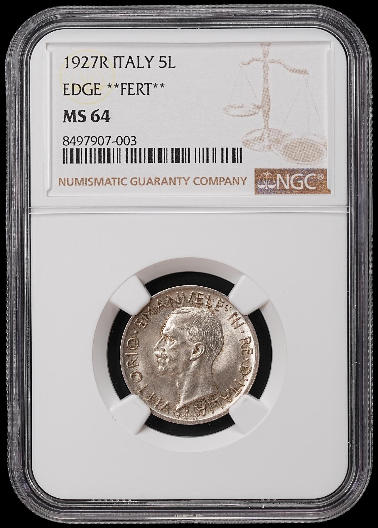 修遠堂世界钱币第七十期 NGC MS64 1927年意大利5里拉
