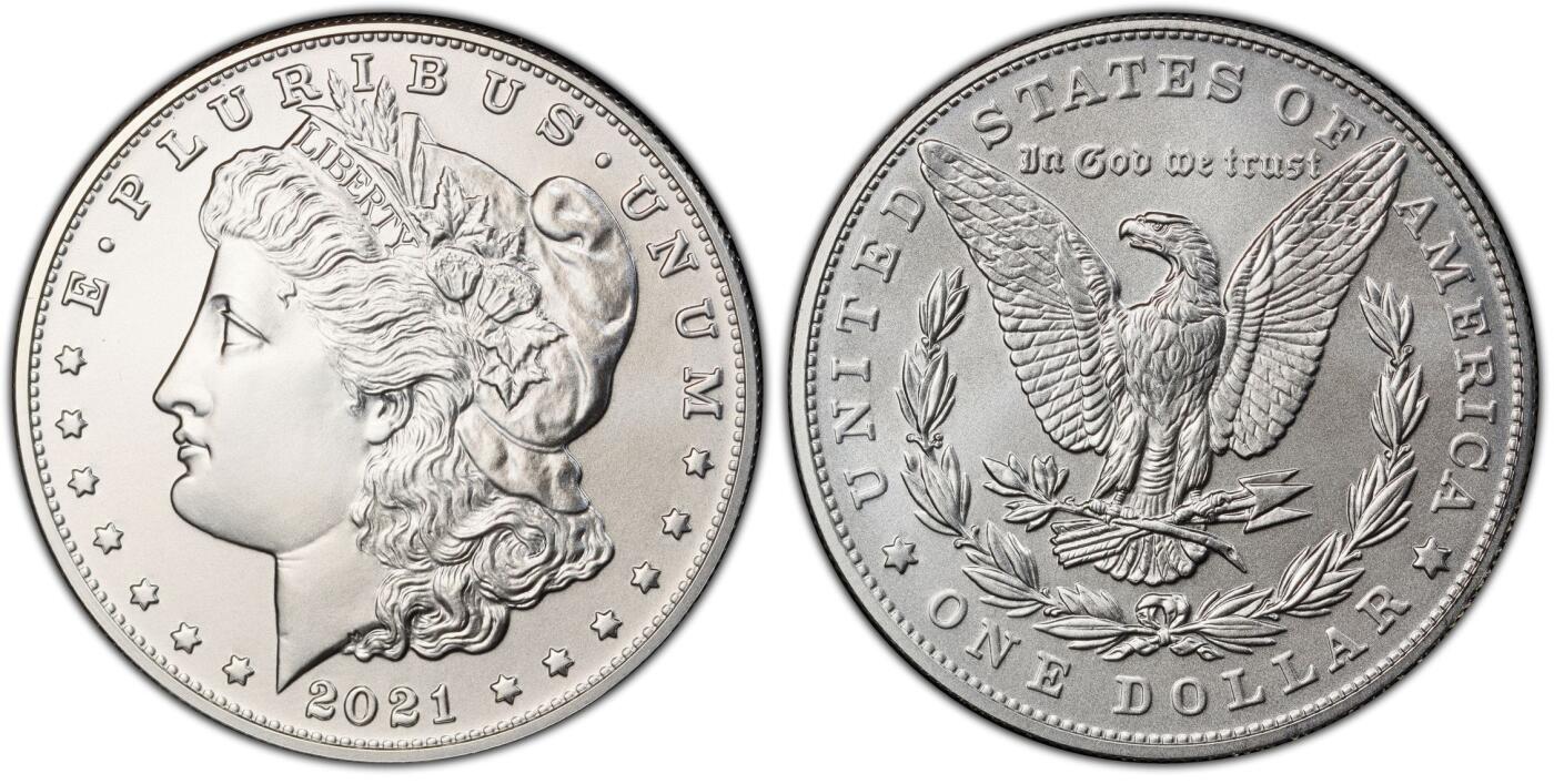 长老汇蛇年精选第十一场拍卖 2021 美国摩根1美元银币，PCGS MS70分，百年标，P盒70分2022年成交价最高14000多元