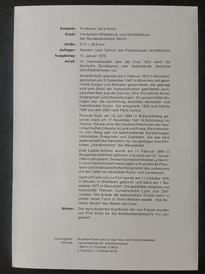 德国邮票纪念卡——出生卡（出世纸），1974、1975年全年齐拆零拍 1975/1  1975.1.15著名的德国女作家