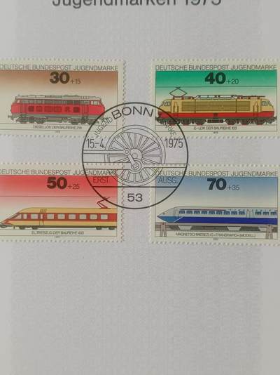 德国邮票纪念卡——出生卡（出世纸），1974、1975年全年齐拆零拍 1975/8  1975.4.15 青少年福利.机车