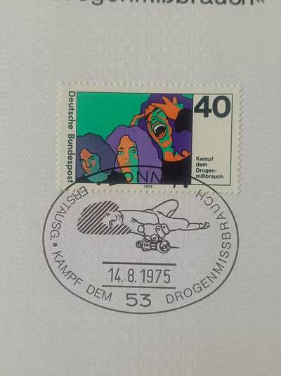 德国邮票纪念卡——出生卡（出世纸），1974、1975年全年齐拆零拍 1975/16  1975.8.14   与滥用毒品行为做斗争
