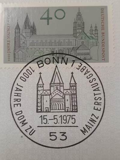 德国邮票纪念卡——出生卡（出世纸），1974、1975年全年齐拆零拍 1975/13  1975.5.15   美因茨大教堂1000周年