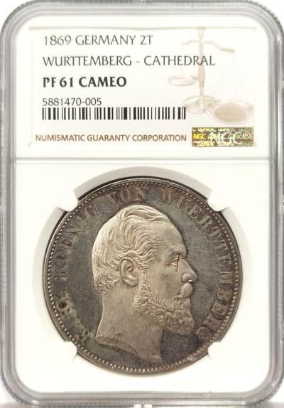 博洋堂世界钱币拍卖第123期（全场包邮） - NGC PF61 Cameo 精制符腾堡王国1869年乌尔姆大教堂2泰勒银币，浮雕镜面反射，老包浆，1869年比1871年的少。