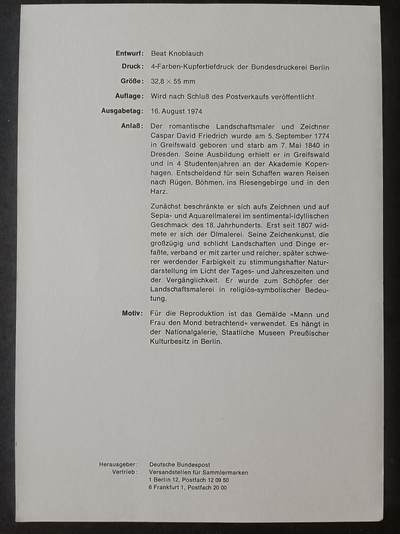德国邮票纪念卡——出生卡（出世纸），1974、1975年全年齐拆零拍 1974/1   1974.8.16  C·D·弗里德里希诞辰200周年