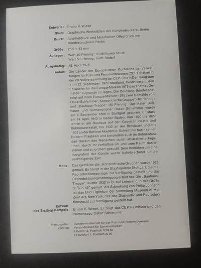 德国邮票纪念卡——出生卡（出世纸），1974、1975年全年齐拆零拍 1975/9  1975.4.15 欧罗巴绘画 
