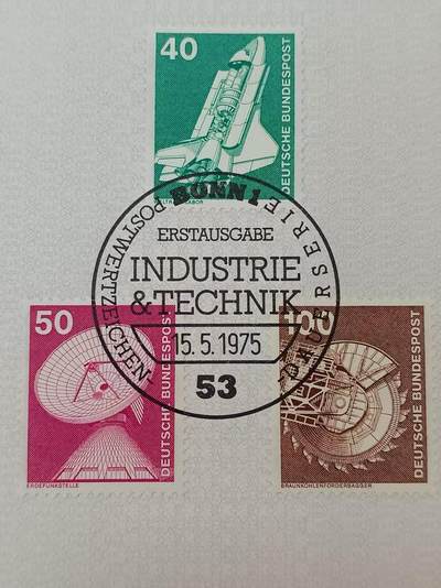 德国邮票纪念卡——出生卡（出世纸），1974、1975年全年齐拆零拍 1975/14  1975.5.15   工业与科技（一组）