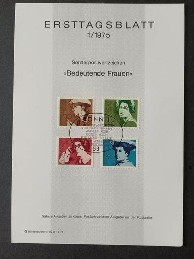 德国邮票纪念卡——出生卡（出世纸），1974、1975年全年齐拆零拍 1975/1  1975.1.15著名的德国女作家