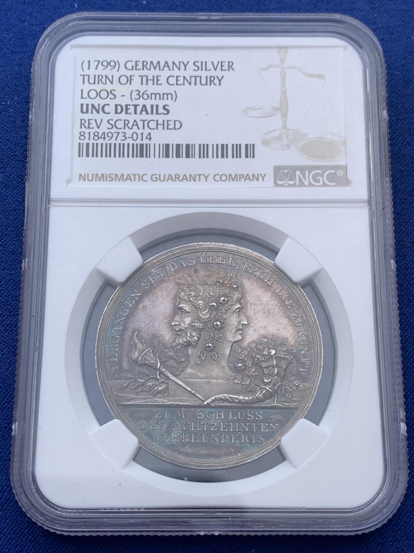 《竞宝斋》第382场 周日，周一，周二 3场连拍 （全场包邮） NGC UNC 德国1799年新世纪美好祝愿银章 纪念时光飞逝未来可期 名家Loos作品 PL底板 五彩包浆 精美迷人