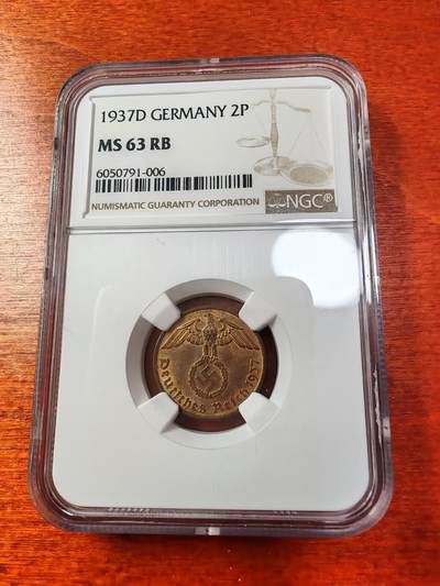 长老汇蛇年精选第十二场拍卖  1937德国第三帝国2芬尼铜币，NGC MS63RB，季军分，更高6枚
