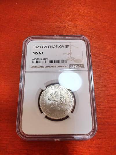 长老汇蛇年精选第十二场拍卖 1929捷克斯洛伐克共和国5克朗银币，NGC MS63，亚军分