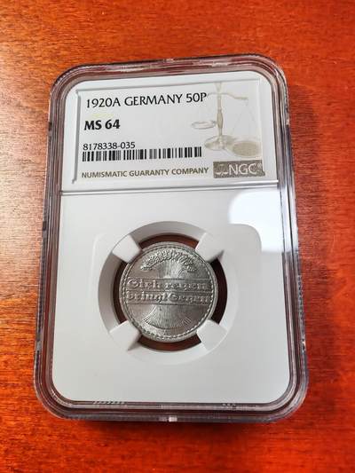 长老汇蛇年精选第十二场拍卖 1920A 德国魏玛共和国 50芬尼铝币，NGC MS64，季军分，更高3枚