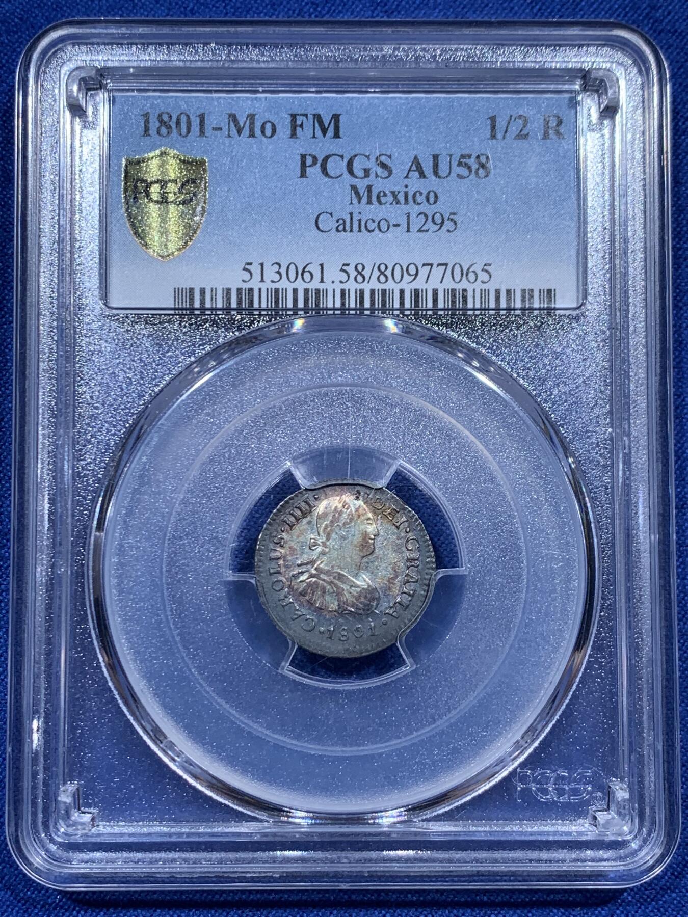 《竞宝斋》第382场 周日，周一，周二 3场连拍 （全场包邮） 荐！PCGS AU58 墨西哥1801年小双柱1/2里亚尔银币 原光老五彩