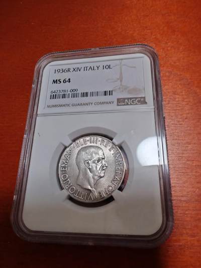长老汇蛇年精选第十二场拍卖 意大利1936年伊曼纽尔三世10里拉银币，NGC MS64分，季军分，NGC官网60分255美金