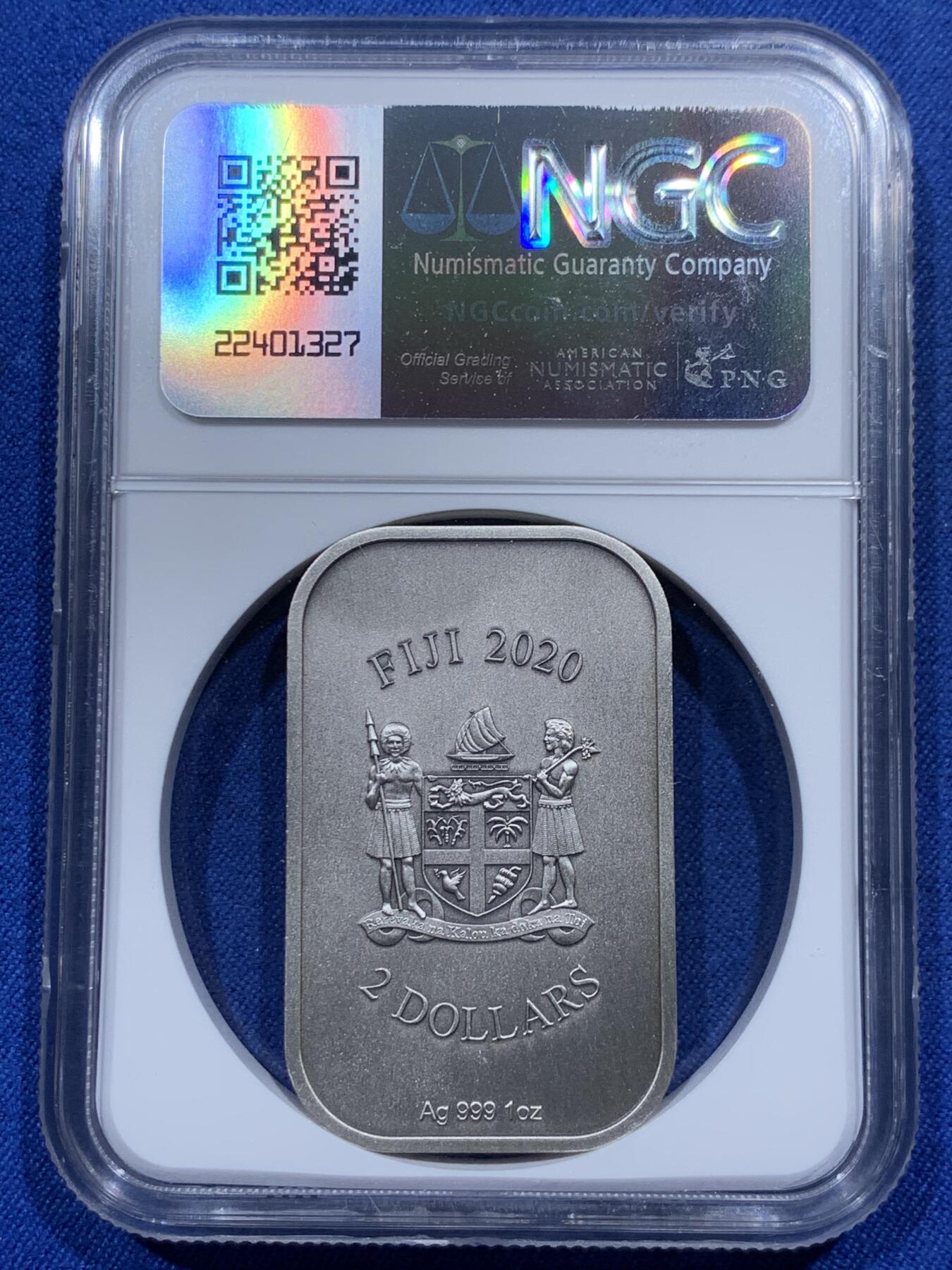 《竞宝斋》第382场 周日，周一，周二 3场连拍 （全场包邮） NGC MS70ANTIQUED 斐济2020年敦煌石窟120周年2元银币 1盎司 999银 佛像标签