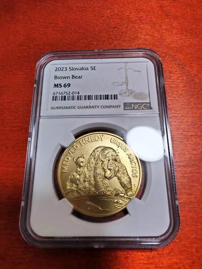 长老汇蛇年精选第十二场拍卖 2023斯洛伐克灰熊5欧元黄铜币，NGC MS69，亚军分，更高1枚