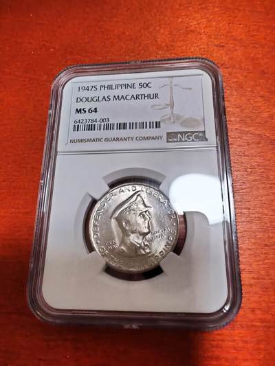 长老汇蛇年精选第十二场拍卖 菲律宾1947麦克阿瑟50分银币，NGC MS64，不戴眼镜的版本