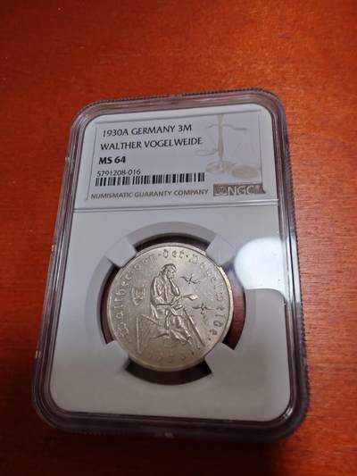 长老汇蛇年精选第十二场拍卖  1930A德国威玛纪念游吟诗人沃尔特·福格尔瓦特3马克银币，NGC MS64分，季军分，克书MS63分标价250美金