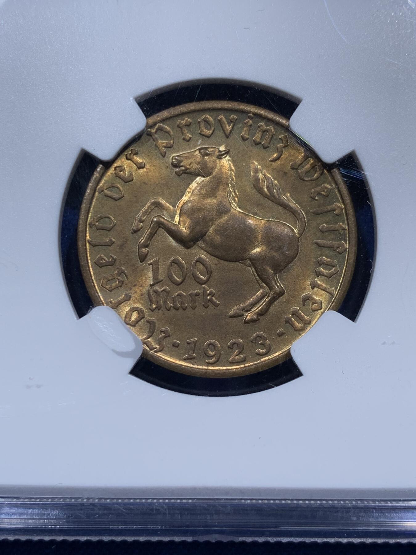《竞宝斋》第382场 周日，周一，周二 3场连拍 （全场包邮） NGC MS65 德国1923年德紧威斯特法伦马币女像 100马克铜币