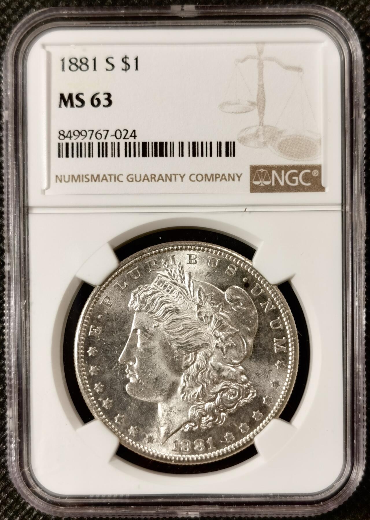  甄臻铺-美国银币专场-世界币章拍卖（第17期），送拍享返佣金等优惠多多 NGC-MS63 1881年S版摩根，镜面质感，目测低评