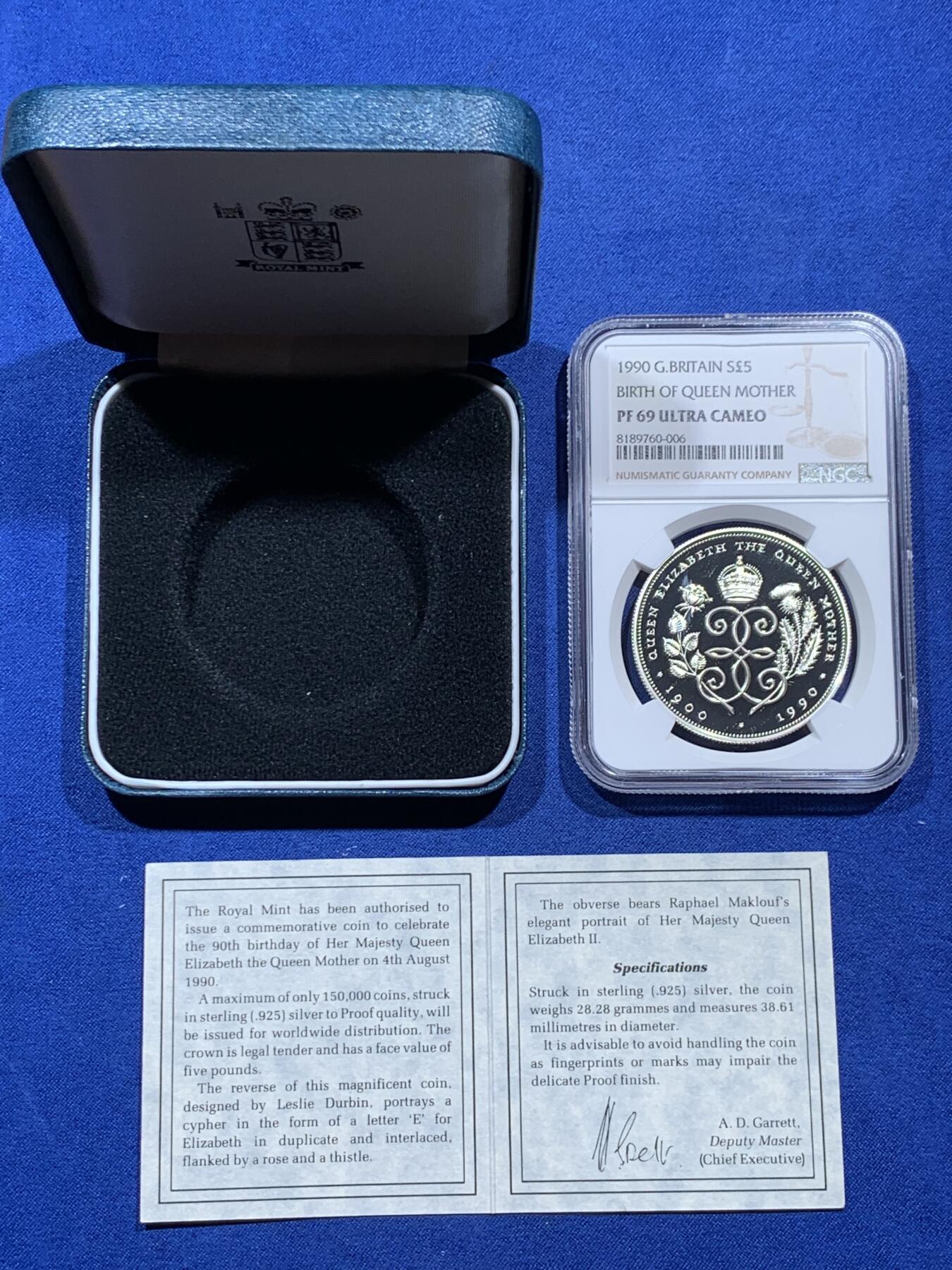 《竞宝斋》第382场 周日，周一，周二 3场连拍 （全场包邮） NGC PF69UC 英国1990年维多利亚女王90周年生日—“皇冠”纪念镜面高浮雕银币，盒证齐全，稀少。