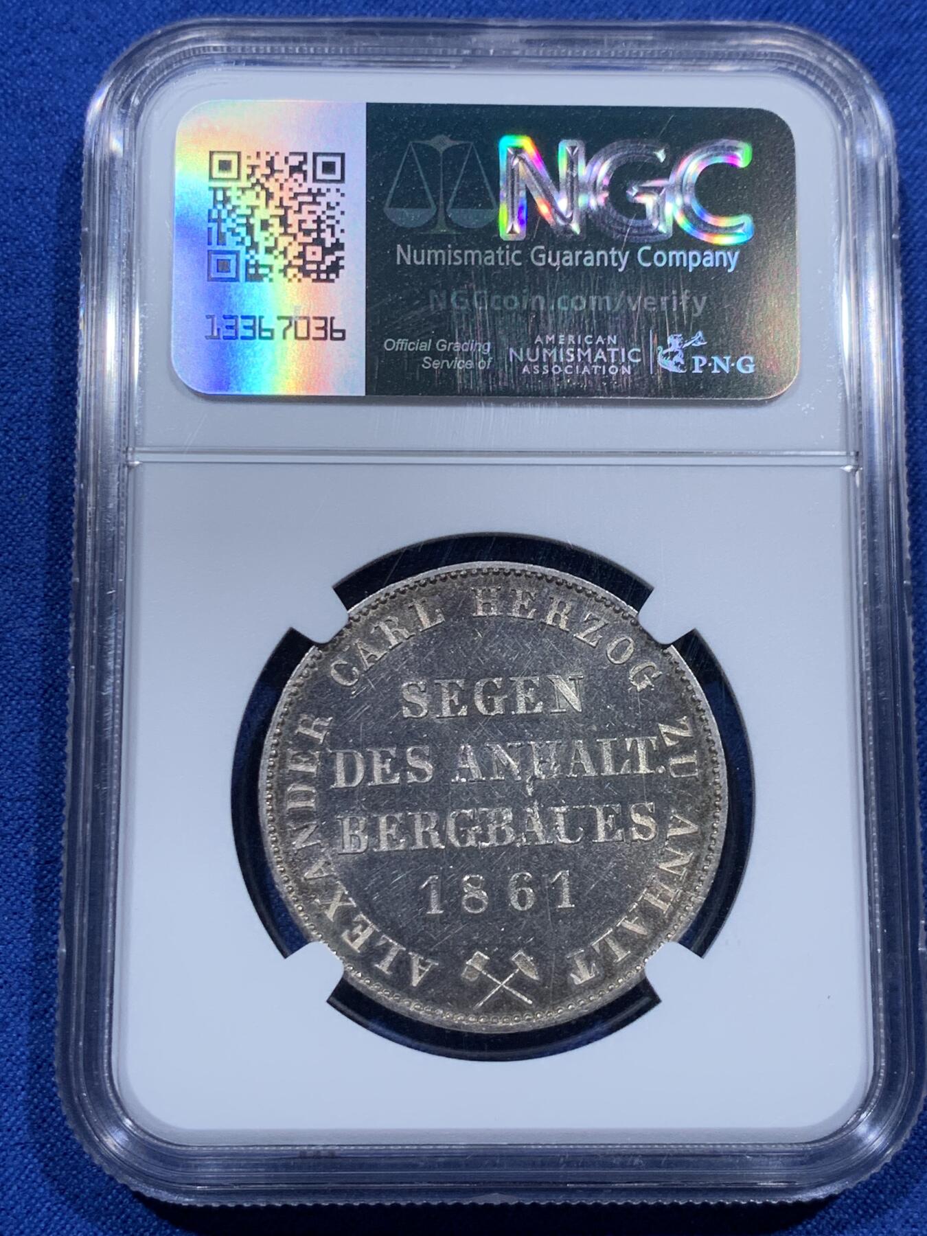 《竞宝斋》第382场 周日，周一，周二 3场连拍 （全场包邮） 冠军分 NGC MS63PL 德国 1861年 泰勒 安哈特矿业泰勒小熊爬墙 银币 发行量最少的年份 流通充分 PL 品相难得一见