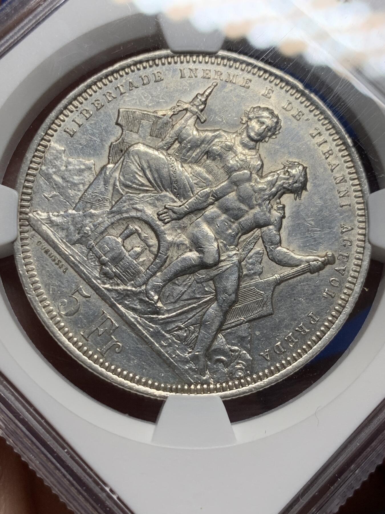 《竞宝斋》第382场 周日，周一，周二 3场连拍 （全场包邮） NGC UNC 瑞士1883年卢加诺射击节5法郎银币