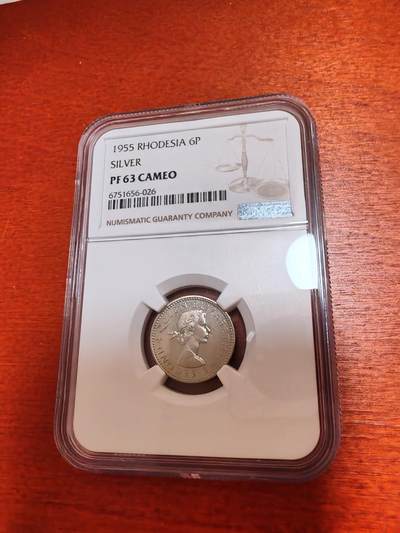长老汇蛇年精选第十二场拍卖 1955罗德西亚伊丽莎白二世6便士精制银币，NGC PF63CAMEO，2000枚