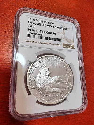 长老汇蛇年精选第十二场拍卖 1990库克群岛猞猁50元精制银币，NGC PF66UC，更高4枚