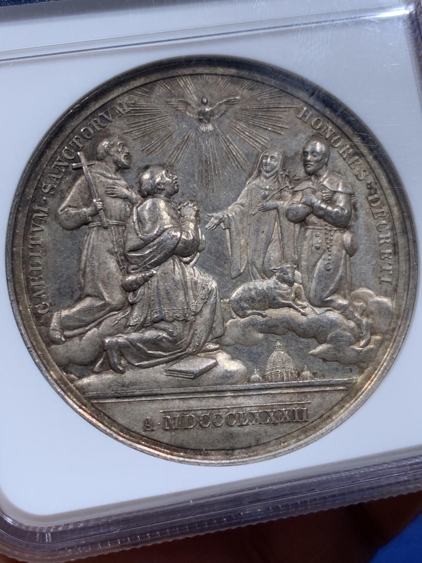 《竞宝斋》第382场 周日，周一，周二 3场连拍 （全场包邮） NGC MS62 梵蒂冈1882年教皇利奥十三世高浮雕大银章 深彩包浆 精美绝伦