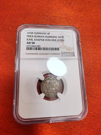 长老汇蛇年精选第十二场拍卖 1658德国卡尔·卡斯帕尔·冯·德莱恩4芬尼银币，NGC AU50，唯一季军，更高4枚