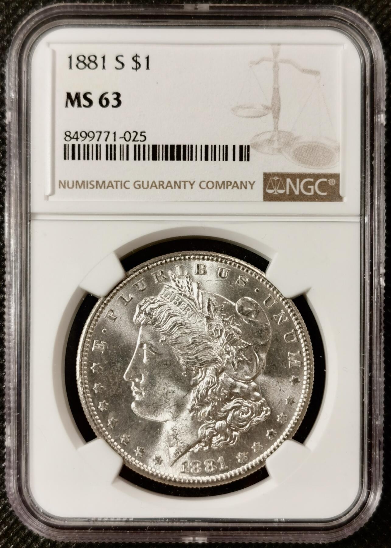 甄臻铺-美国银币专场-世界币章拍卖（第17期），送拍享返佣金等优惠多多 NGC-MS63 1881年S版摩根，PL质感，低评