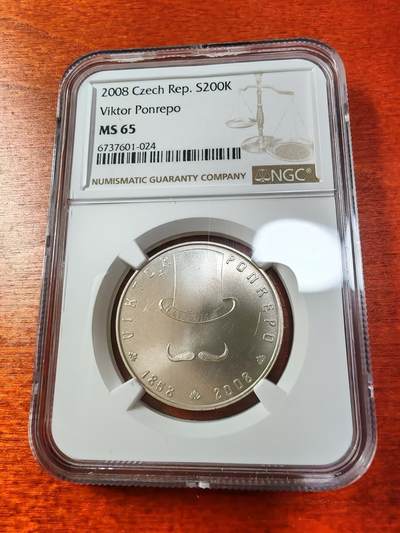 长老汇蛇年精选第十二场拍卖 2008捷克维克多·庞雷波一百五十周年200克朗银币，NGC MS65分，唯一冠军分，9572枚，外网一般2000元以上
