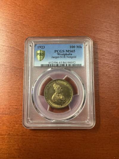 长老汇蛇年精选第十二场拍卖 1923 德国威斯特法兰德紧马币女诗人100马克，PCGS MS65，更高11枚