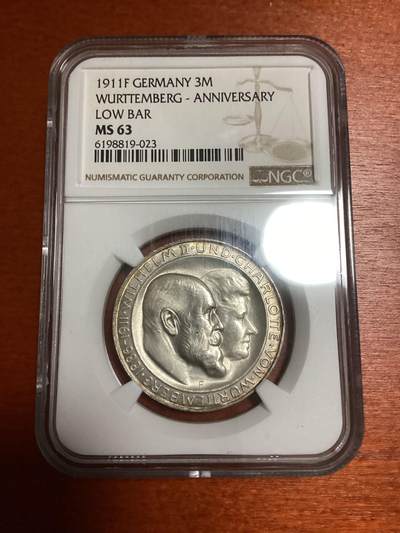 长老汇蛇年精选第十二场拍卖 1911F 德国符腾堡威廉二世夫妇25周年结婚纪念3马克银币，NGC MS63分 