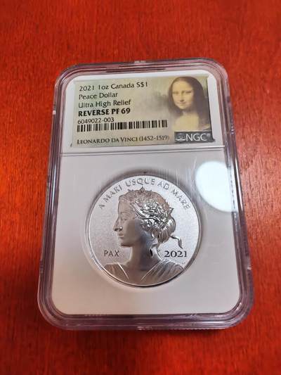 长老汇蛇年精选第十二场拍卖  2021加拿大和平1加元超高浮雕反向精制银币，NGC PF69