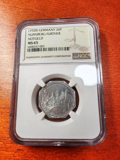 长老汇蛇年精选第十二场拍卖 1920德紧纽伦堡电车币查理桥20芬尼铝币，NGC MS65