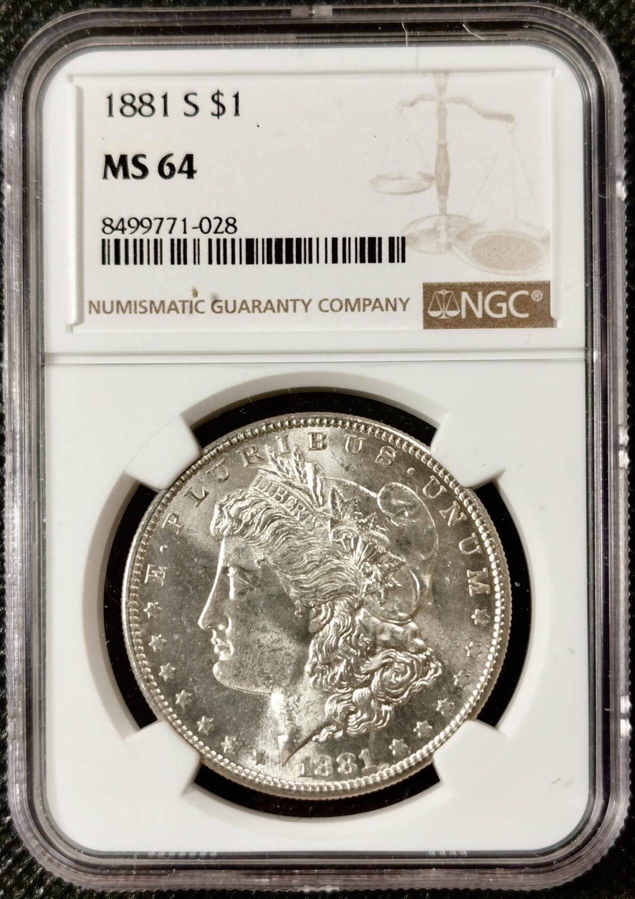  甄臻铺-美国银币专场-世界币章拍卖（第17期），送拍享返佣金等优惠多多 NGC-MS64 1881年S版美国摩根，低评，PL质感