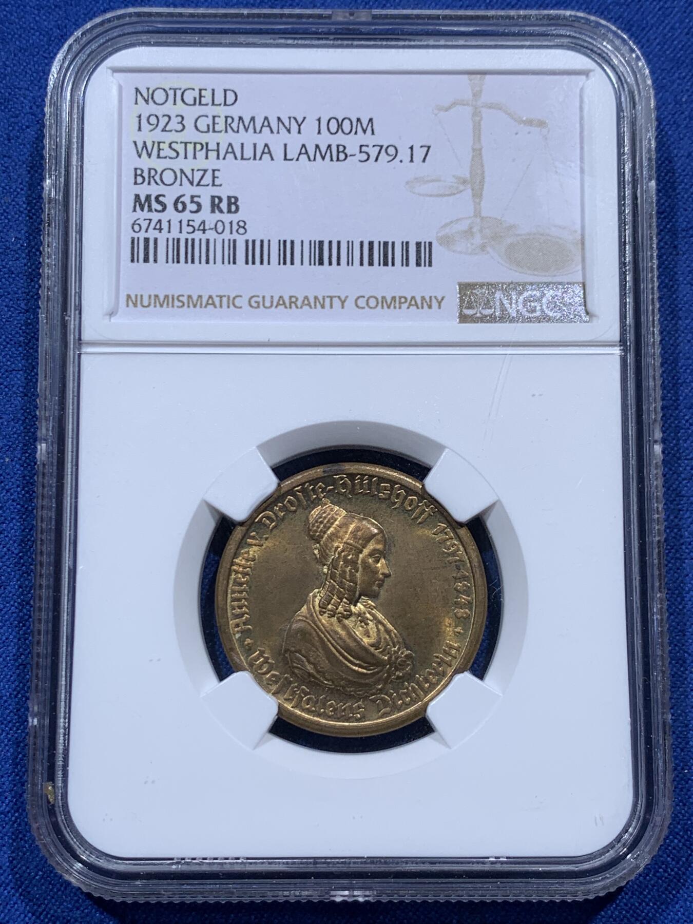 《竞宝斋》第382场 周日，周一，周二 3场连拍 （全场包邮） NGC MS65 德国1923年德紧威斯特法伦马币女像 100马克铜币