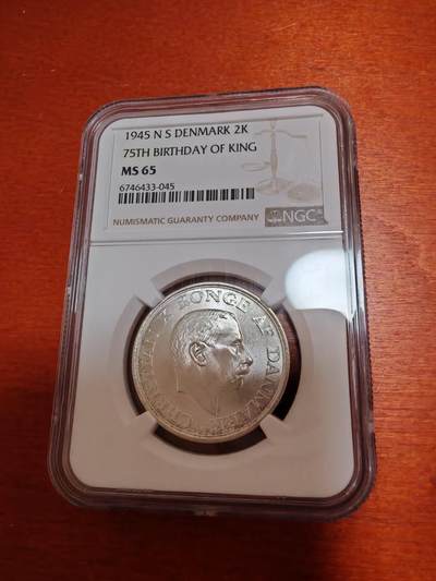 长老汇蛇年精选第十二场拍卖 1945丹麦克里斯蒂安十世75寿辰2克朗银币，NGC MS65，亚军分，更高8枚