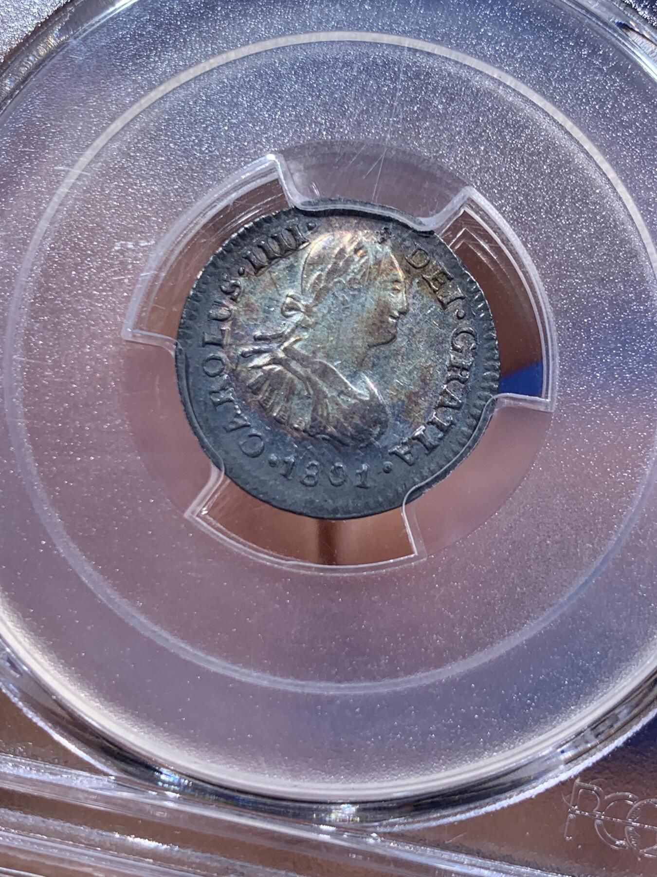 《竞宝斋》第382场 周日，周一，周二 3场连拍 （全场包邮） 荐！PCGS AU58 墨西哥1801年小双柱1/2里亚尔银币 原光老五彩