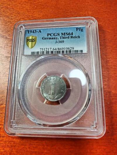 长老汇蛇年精选第十二场拍卖  1943德国第三帝国1芬尼锌币，PCGS MS64，更高1枚