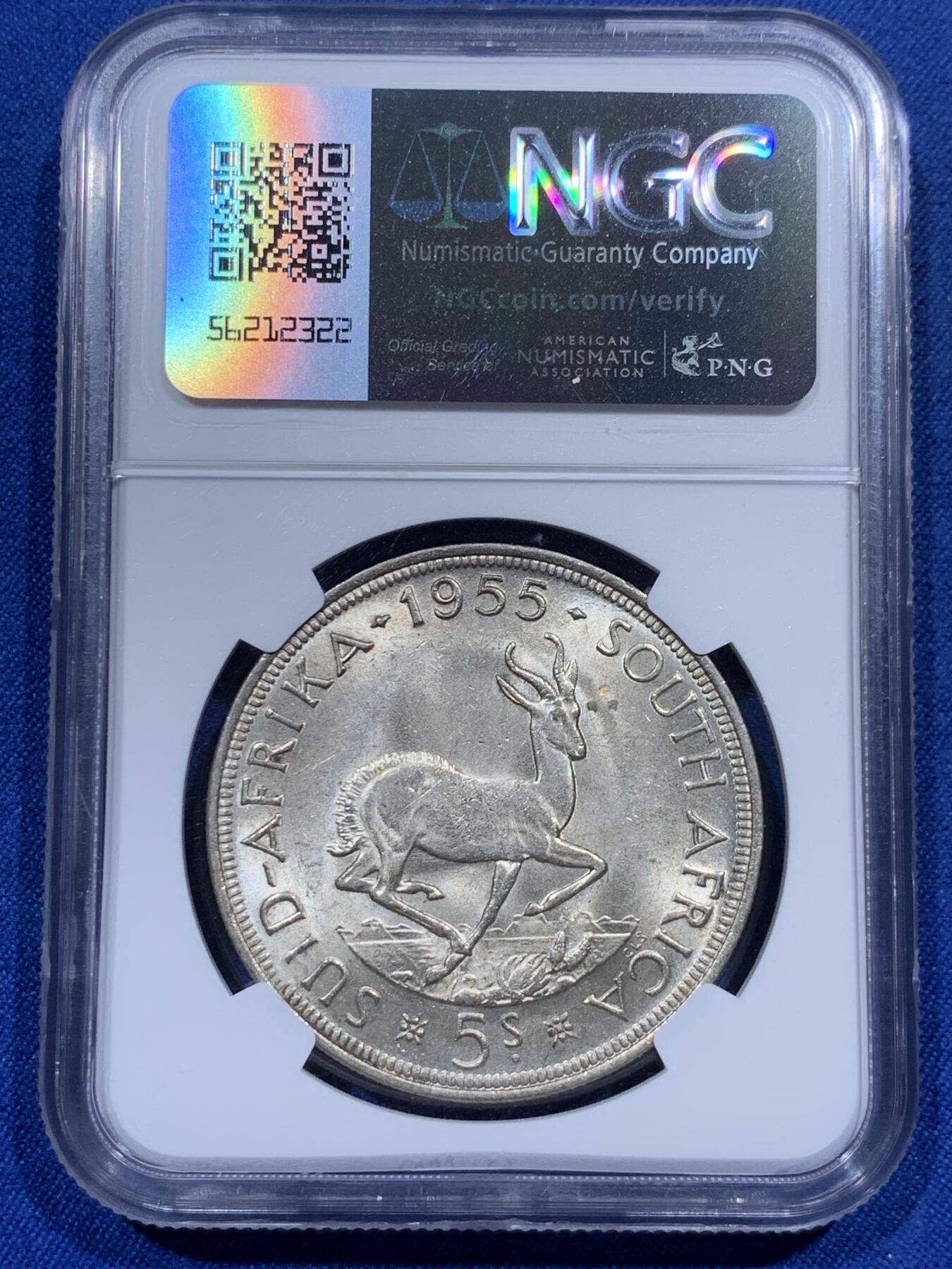 《竞宝斋》第382场 周日，周一，周二 3场连拍 （全场包邮） NGC MS63 英属南非1955年跳羚羊5先令银币 光度好 币面漂亮