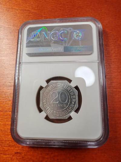 长老汇蛇年精选第十二场拍卖 1920德紧纽伦堡电车币查理桥20芬尼铝币，NGC MS65