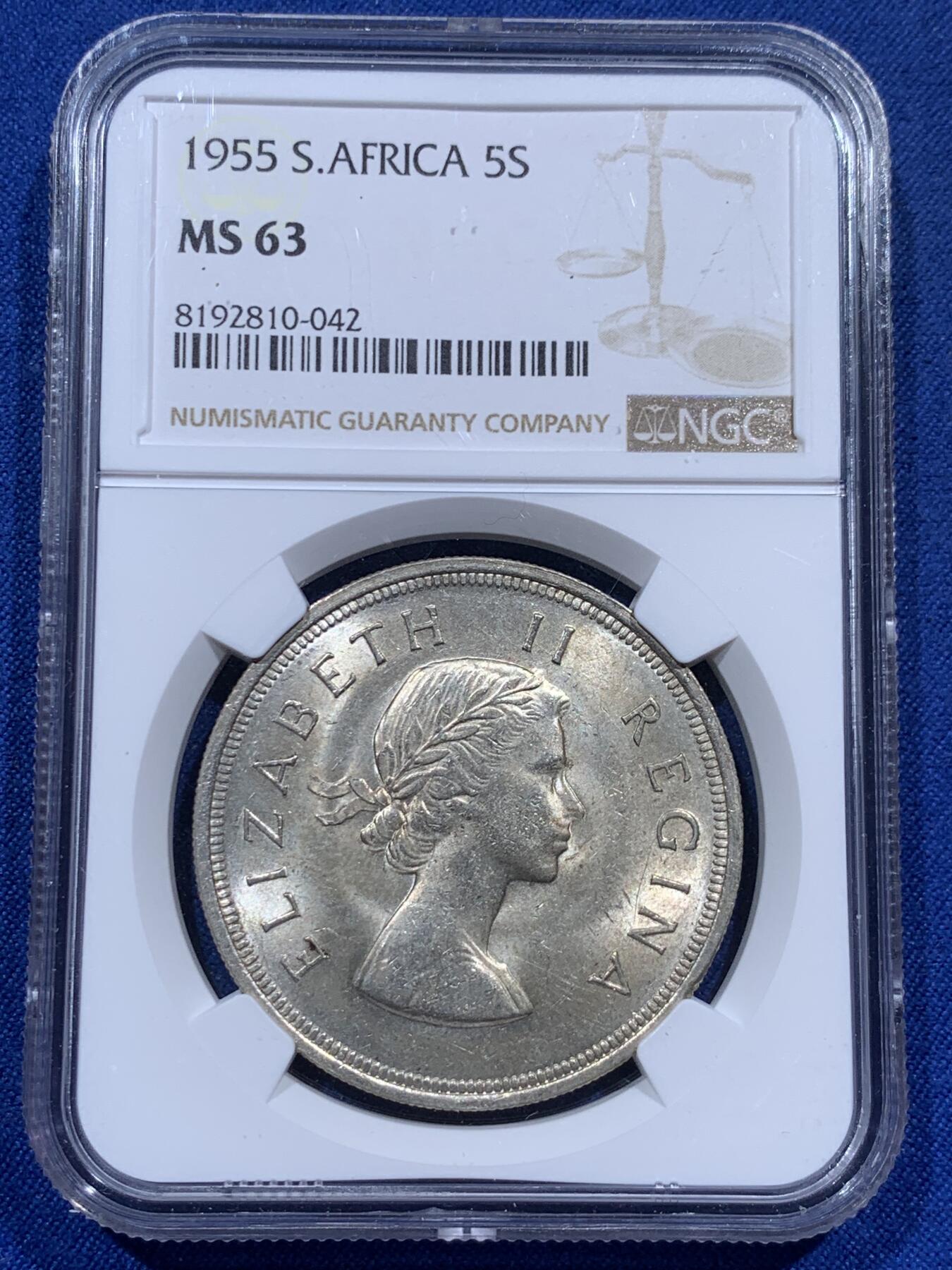 《竞宝斋》第382场 周日，周一，周二 3场连拍 （全场包邮） NGC MS63 英属南非1955年跳羚羊5先令银币 光度好 币面漂亮