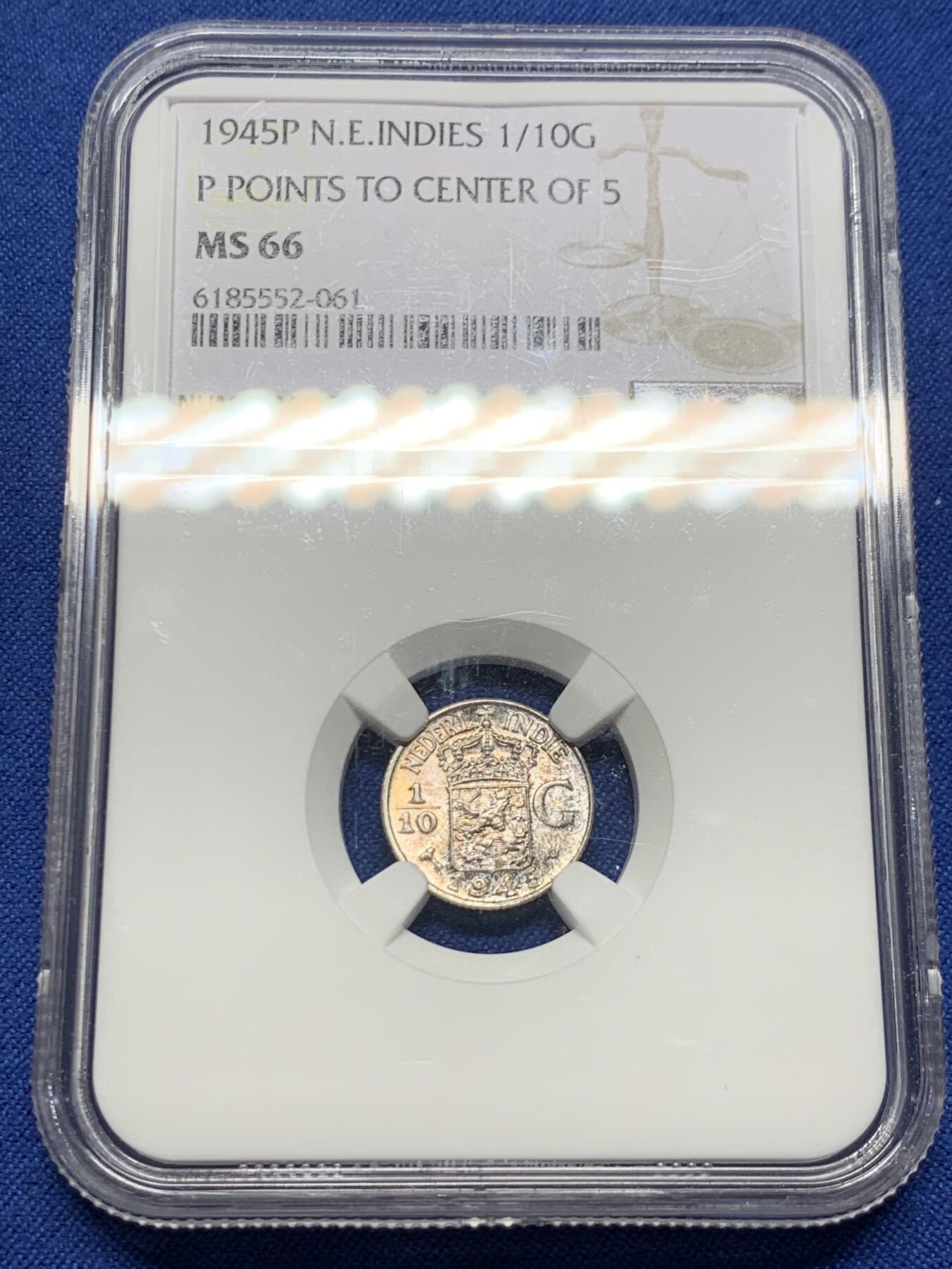 《竞宝斋》第382场 周日，周一，周二 3场连拍 （全场包邮） NGC MS66 荷属东印度群岛（现印尼）1945年1/10盾小银币 高分稀少 卷首彩