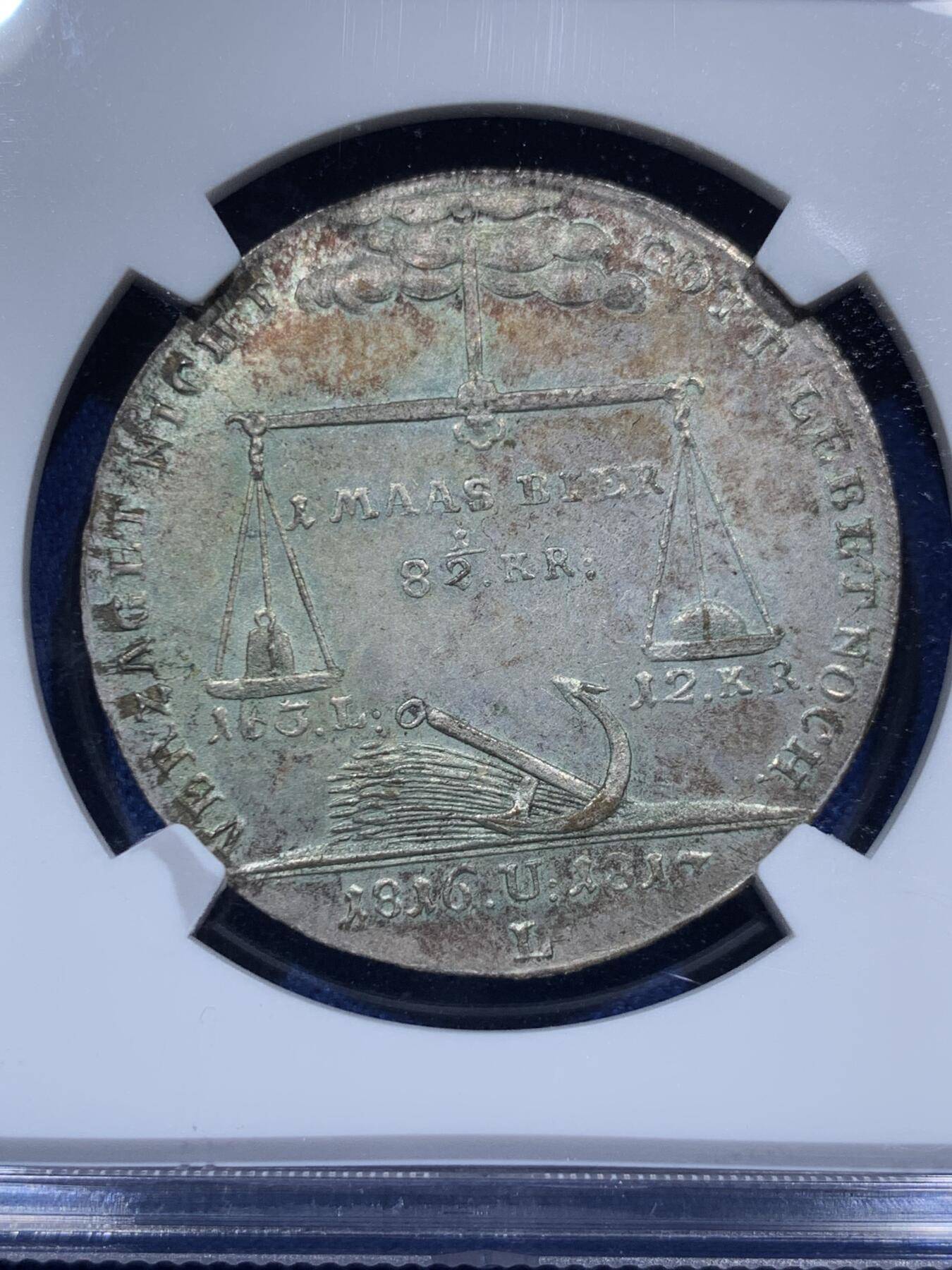 《竞宝斋》第382场 周日，周一，周二 3场连拍 （全场包邮） NGC MS63 德国 1817 巴伐利亚 雷兴普芬尼 1816-1817 年大饥荒镀银代币