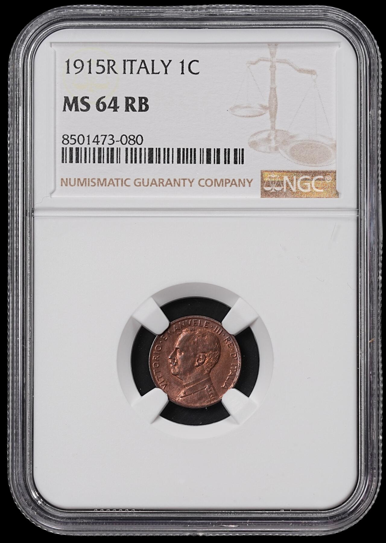 修遠堂世界钱币第七十期 NGC MS64RB 1915年意大利1分铜币