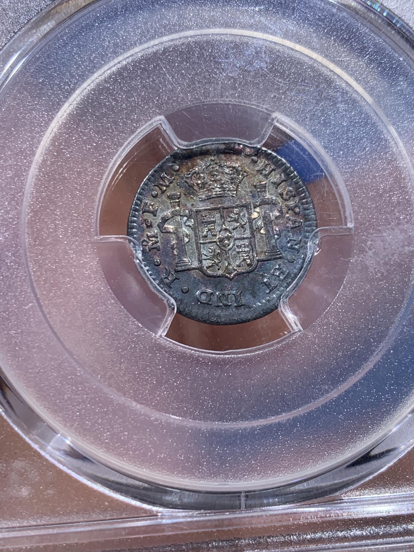 《竞宝斋》第382场 周日，周一，周二 3场连拍 （全场包邮） 荐！PCGS AU58 墨西哥1801年小双柱1/2里亚尔银币 原光老五彩