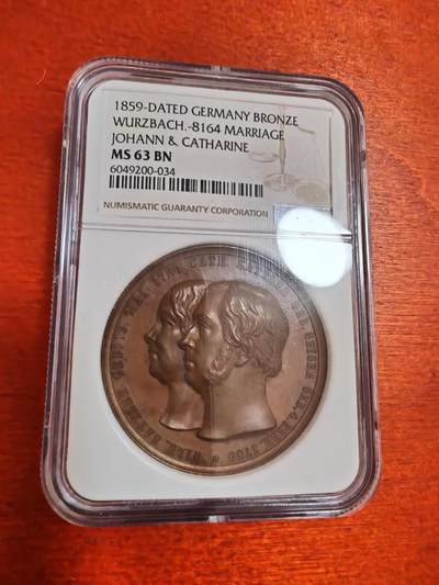 长老汇马年精选第二场拍卖 - 1859德国维尔茨巴赫约翰和凯瑟琳结婚纪念高浮雕大铜章，NGC MS63BN，唯一记录，加厚盒