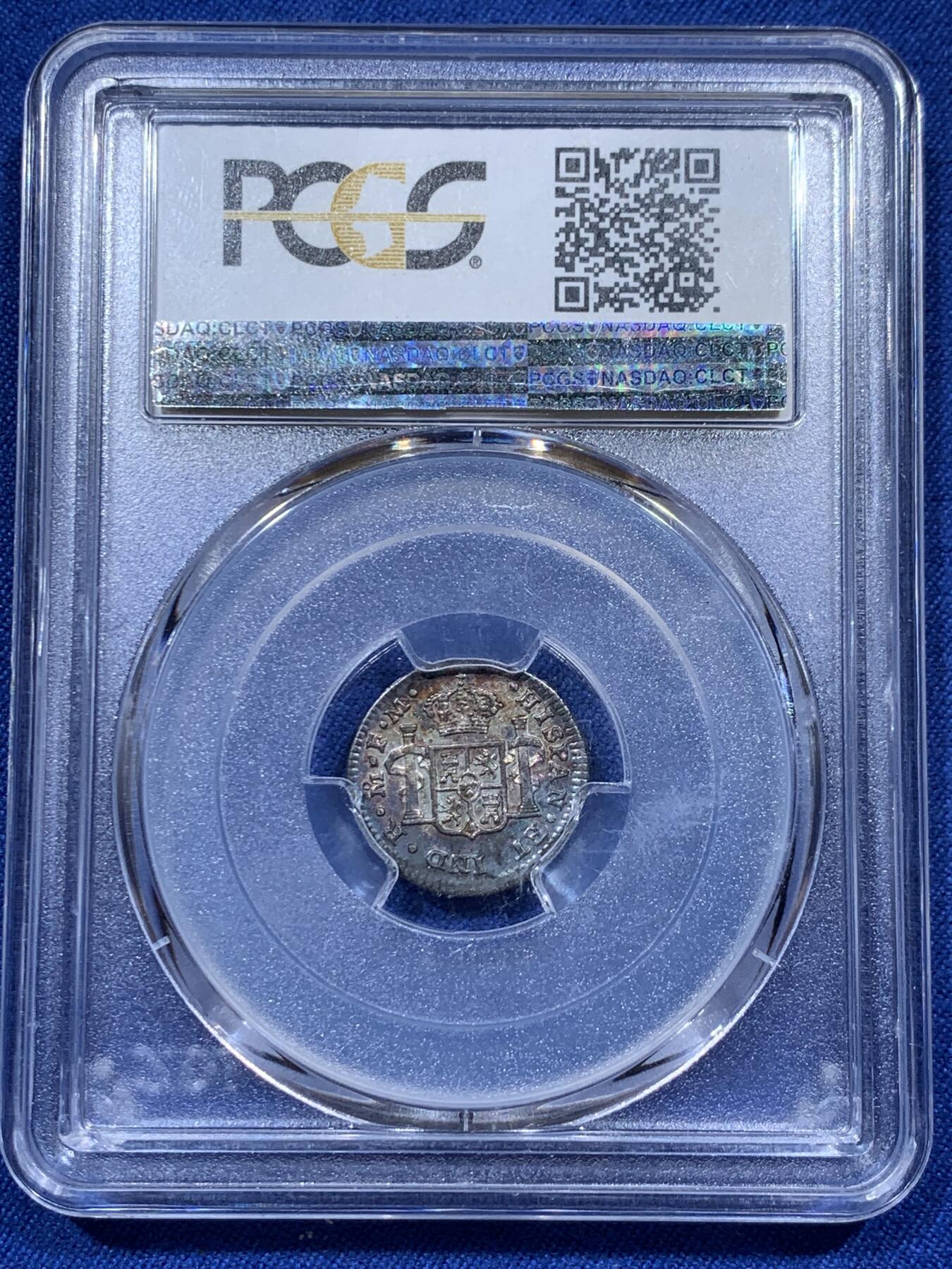 《竞宝斋》第382场 周日，周一，周二 3场连拍 （全场包邮） 荐！PCGS AU58 墨西哥1801年小双柱1/2里亚尔银币 原光老五彩